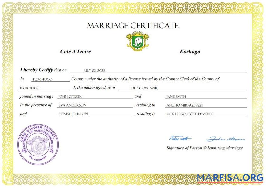 Printable Cote d’Ivoire marriage certificate Word and PDF template